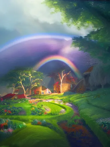 Prompt: a happy familly under the rainbow. in the green valeys near a village. intricate, elegant, highly detailed, digital painting, artstation, concept art, sharp focus, illustration, by justin gerard and artgerm, 8 k