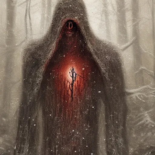 Image similar to cloaked humanoid wendigo feasting, nighttime located in a snowy dark forest, lurking horror, distant - mid shot, dungeons and dragons, magic the gathering, forboding, high detail, oil painting, style of seb mckinnon