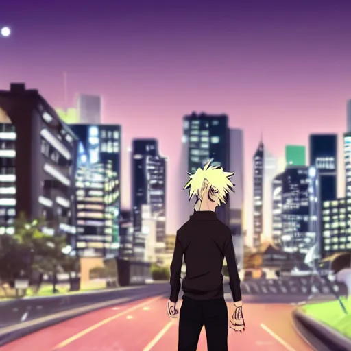 Prompt: a blonde man with a ponytail wearing black clothes wanders through a city at night, anime, 4k