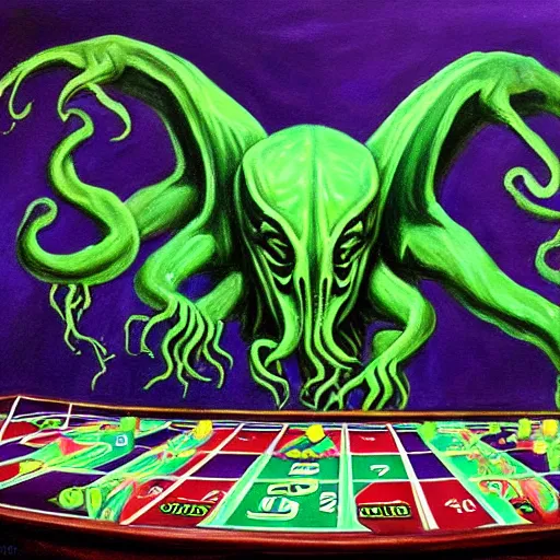 Image similar to cthulhu playing in a casino, realistic painting