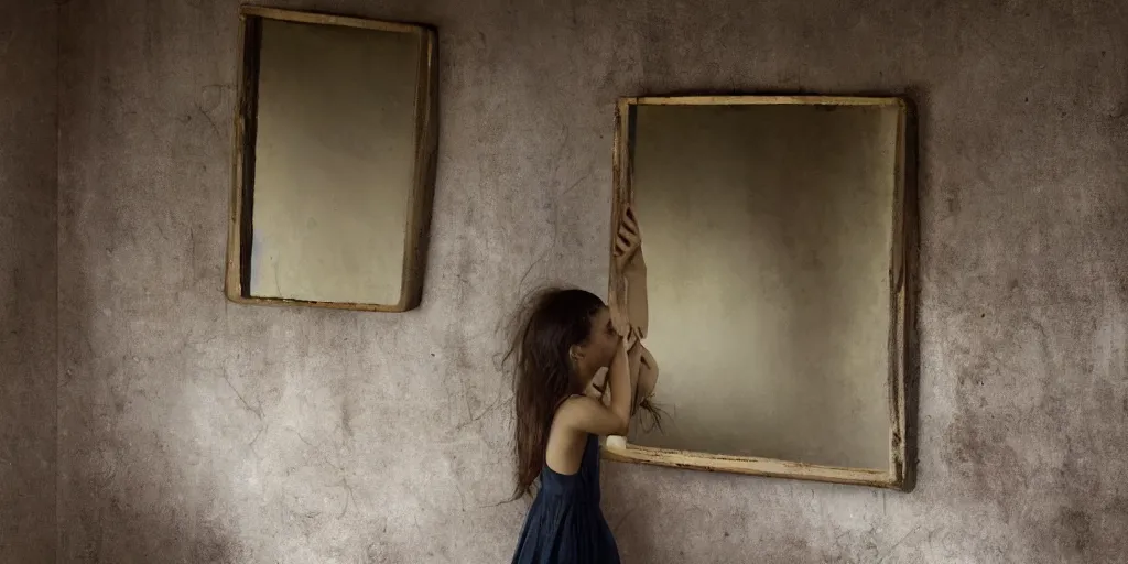 Image similar to painting of a girl looking at a mirror in an abandoned cabin, the mirror reflects thousands of nightmares. by theodore gericault, realistic oil painting, 4 k, studio lightning, award winning