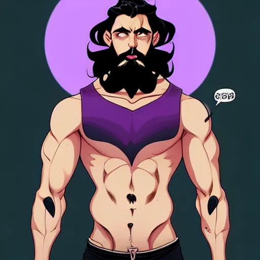 Image similar to a chad with wavy black hair and a beard. muscular. godlike. tank top. using a computer, comic cover art, artgerm, joshua middleton, pretty stella maeve witch doing black magic, serious look, purple dress, symmetrical eyes, symmetrical face, long black hair, full body, twisted evil dark forest in the background, cool colors