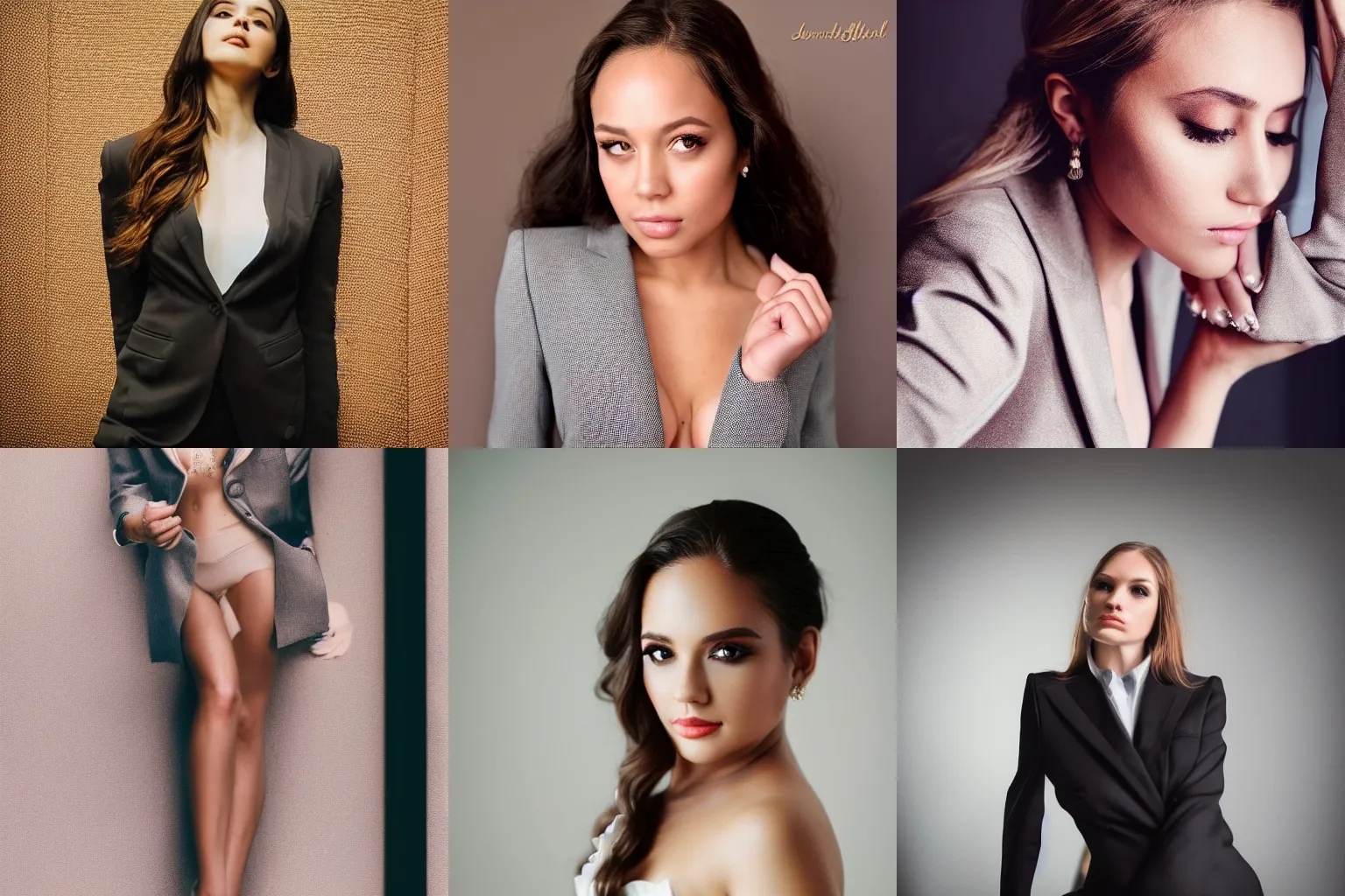 Prompt: a beautiful girl, perfect face, fine details, formal business suit, professional photography, sensual, studio lighting, trending on instagram, detailed and intricate, by jennifer massaux