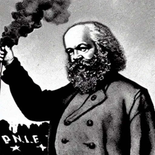 Image similar to Karl Marx burning a communist flag, realistic photo.