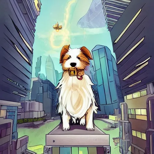 Image similar to cream colored havanese dog dressed as a super hero, looking over a futuristic city, wide shot, highly coherent, saga comic, graphic novel, fiona staples