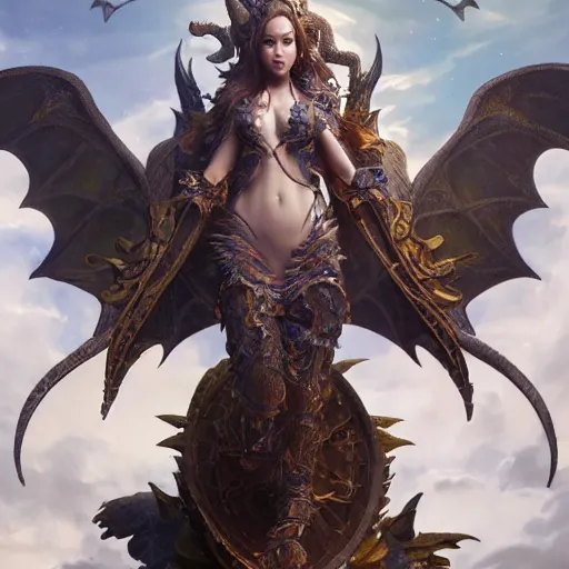 Prompt: glorious dynamic pose full body celestial goddess of dragons, intricate, portrait, 8k highly professionally detailed, HDR, CGsociety, dynamic lighting, pristine and clean design, cosplay, art by greg rutkowski, photorealistic