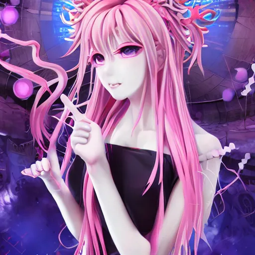 Image similar to trapped beneath stunningly absurdly beautiful omnipotent asi goddess junko enoshima with multiple twisted megalomaniacal mesmerizing personalities, symmetrical perfect face, porcelain skin, pink twintail hair and cyan eyes, ultra detailed, digital art, unreal engine 5, octane render, 2 d anime, 8 k