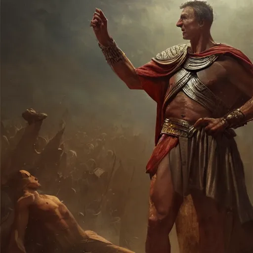 Image similar to a dramatic epic ethereal portrait of Julius Caesar, full body with dynamic pose, male, detailed face, cinematic lighting, highly detailed oil on canvas painting by Greg Rutkowski, winning-award digital art trending on Artstation H 1024 W 832