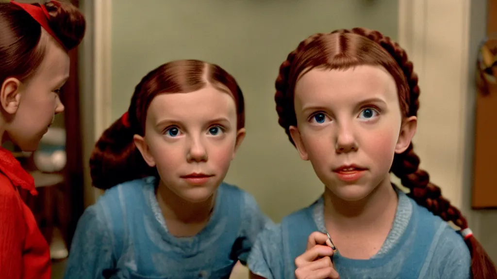 Prompt: a scene from a live action adaptations of pippi longstockings, a movie where millie bobby brown plays pippilotta delicatessa windowshade mackrelmint ephraim's daughter longstocking. by directors john cassavetes, blue - ray screenshot, filmed by rodrigo prieto