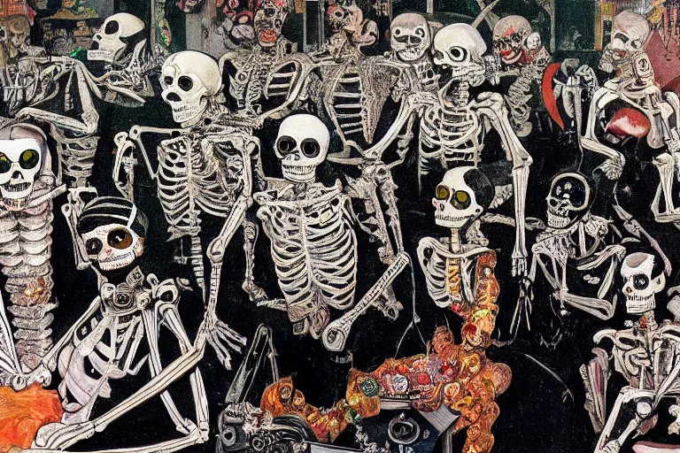 Prompt: scene from amusement arcade, day of the dead, cyber skeletons, queen in black silk in the center, neon painting by otto dix