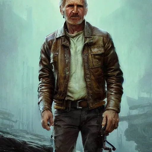 Image similar to a highly detailed epic cinematic concept art CG render digital painting artwork costume design: Harrison Ford/Ryan Gosling, old scars, long hair, grizzled, tired and drunk, in an old 1950s leather jacket. By Greg Rutkowski, Ilya Kuvshinov, WLOP, Stanley Artgerm Lau, Ruan Jia and Fenghua Zhong, trending on ArtStation, made in Maya, Blender and Photoshop, octane render, excellent composition, cinematic atmosphere, dynamic dramatic cinematic lighting, aesthetic, very inspirational, arthouse