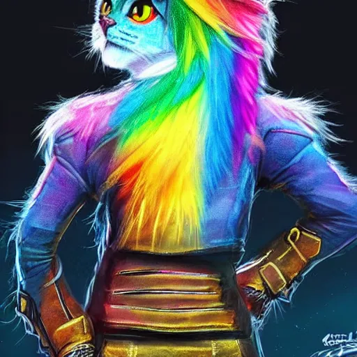 Image similar to wide angle full body, jacket wearing fluffy cute rainbow kitten wearing a black leather motorcycle jacket, cinematic concept art