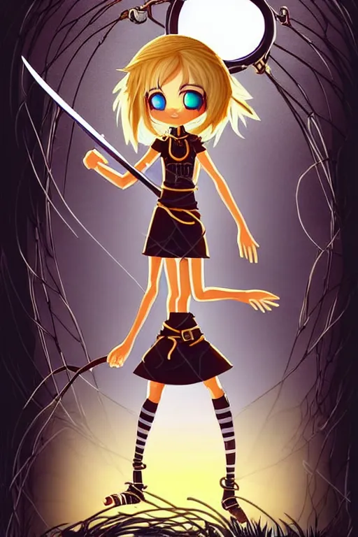 Image similar to A cute spaghetti-girl thief protagonist with leather-strap-armor and ninja weapons is exploring the tenth reality. A highly detailed fantasy character in the style of Tim Burton