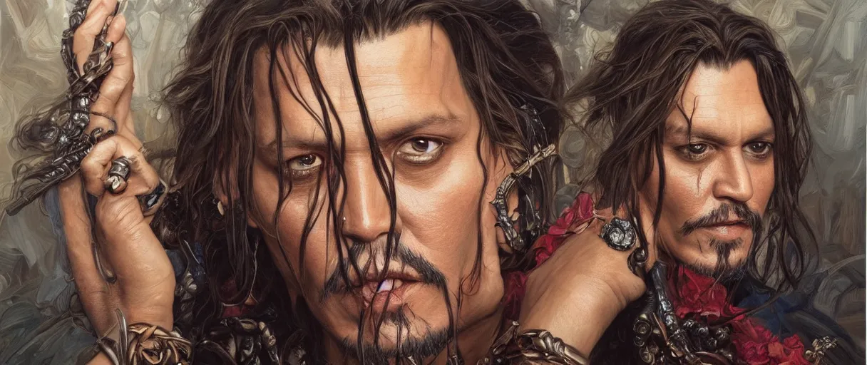 Image similar to portrait of johnny depp as a heroine staring into the camera, artstation, intricate, elegant, highly detailed, art by Donato Giancola, Joseph Christian Leyendecker, WLOP, Boris Vallejo, Artgerm