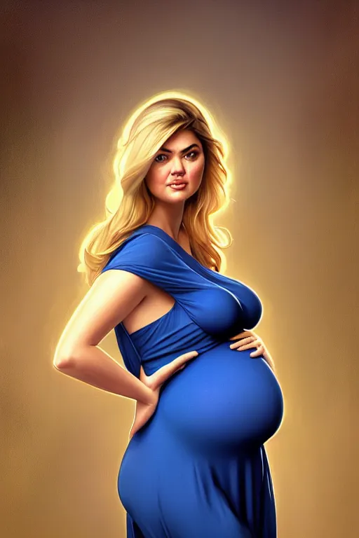 Prompt: pregnant kate upton in a blue dress, realistic portrait, symmetrical, highly detailed, digital painting, artstation, concept art, smooth, sharp focus, illustration, cinematic lighting, art by artgerm and greg rutkowski and alphonse mucha