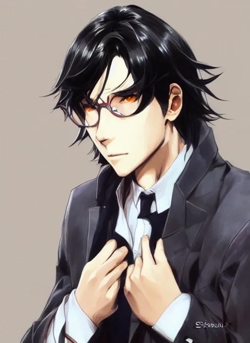 Image similar to portrait illustration by shigenori soejima, handsome male vampire, focus on face, pretty, long black hair, dark blue shirt, light brown coat