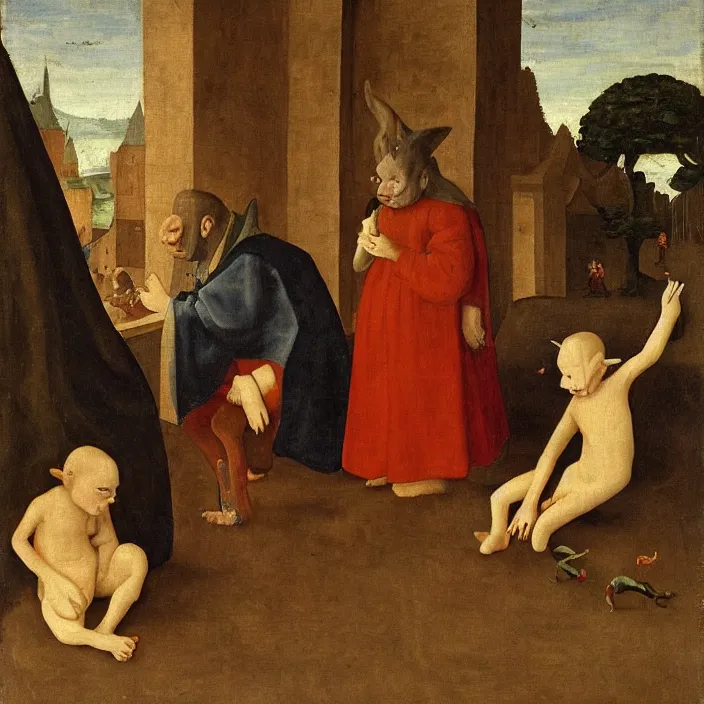 Prompt: a goblin child sitting alone watching children play, early netherlandish painting,