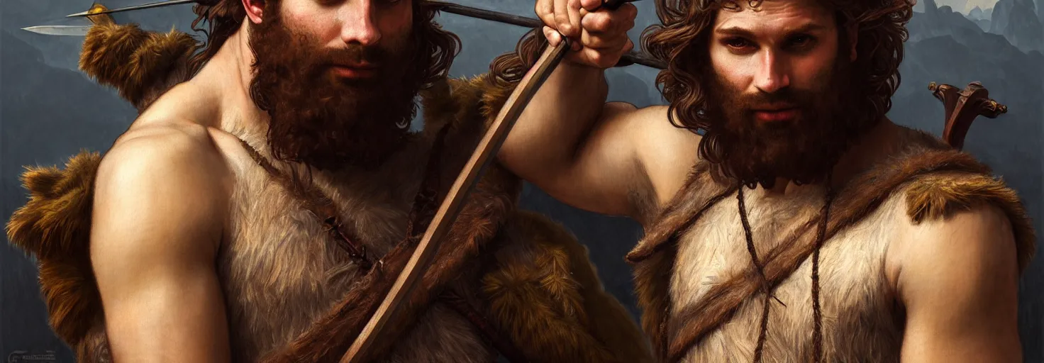 Image similar to renaissance upper body portrait of a gruff ranger with a spear, irish, lean and toned, handsome face, hairy chest, D&D, intricate, elegant, highly detailed, digital painting, artstation, concept art, matte, sharp focus, illustration, art by da Vinci, Artgerm and Greg Rutkowski and Alphonse Mucha