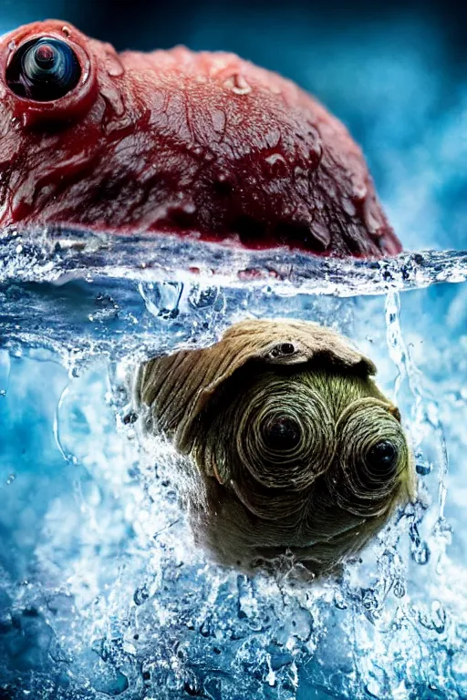 Image similar to a film still a tardigrade, close up face detail, muscular, drenched body, photography, wet dripping hair, emerging from the water