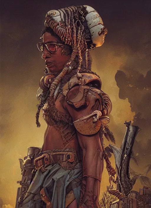 Image similar to hyper realistic photography portrait of postapocalyptic medieval religious occult african amazon cinematic, brom, moebius, juan gimenez