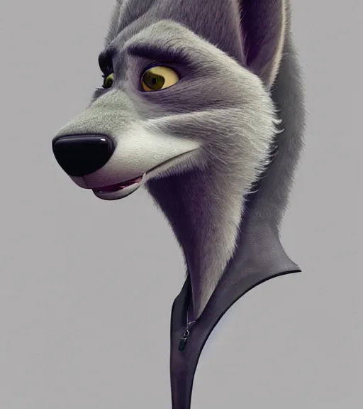 Image similar to painting bust of anthromorphic female wolf, in style of zootopia, zootopia, zootopia, fursona, furry, furaffinity, 4 k, deviantart, furry art, fursona art, wearing black business suit, business suit, in style of zootopia, wolf fursona, cyberpunk, female, expressive detailed feminine face,