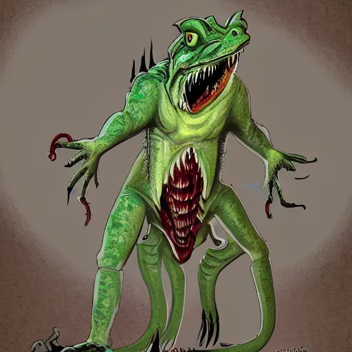 Image similar to big butcher anthropomorphic male lizardfolk posing scarily, scary angry pose, chasing you, bloody, covered in blood, fresh kill, cleaver, in a cave, earie setting, lovecraft eldritch horror, hyperdetailed, furaffinity, anthro art