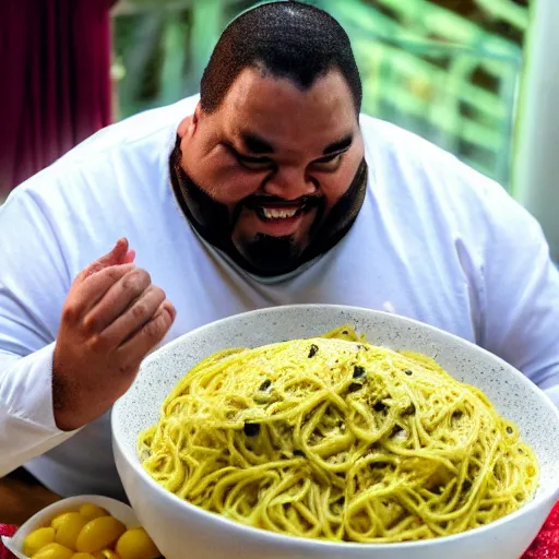 Image similar to fat man scoop dancing in a bowl of cacio pepe