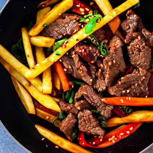 Prompt: dslr food photograph of stir fried beef in dark soy sauce, mixed with tomato wedges and french fries, served with white rice on the side, 8 5 mm f 1. 8