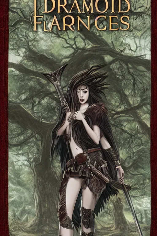 Image similar to dramatic dark forest scenery, girl with fangs in hide leather armor, D&D book-cover