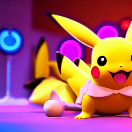 Image similar to nymph render of a very cute 3d pikachu pokemon, adorable eyes, cute smile, full round face, neon lights in background, serene bedroom setting, medium shot, mid-shot, highly detailed, trending on Artstation, Unreal Engine 4k