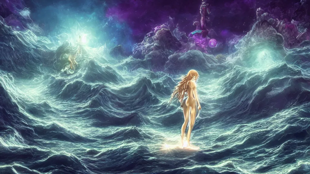 Prompt: a centered render of ultradetailed anime illustration of the last human, shining its light across a tumultuous sea of stars, undersea animals and one gothic crystal river by dorothea tanning and salvador dali, trending on artstation, cyber punk, soft color, unreal engine, high detailed, 8 k