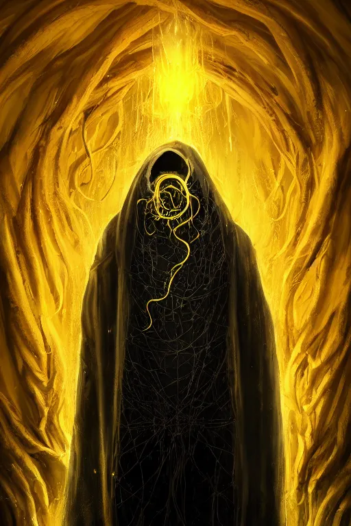 Image similar to A full body portrait of a mysterious character with no face with a very long hooded yellow cloak, a golden crown floating above his head tentacles coming out the ground art by John J. Park, and Shaddy Safadi, ominous, cosmic horror, trending on artstation, Ultra detailed, hyper realistic 4k