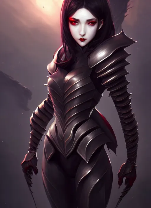 Image similar to full plate armor!!! beautiful and elegant dark hair female vampire!! gorgeous ayes!! character concept art, sharp focus, octane render! unreal engine 5! highly rendered!! trending on artstation!! detailed linework!! illustration by artgerm, wlop, and chie yoshii