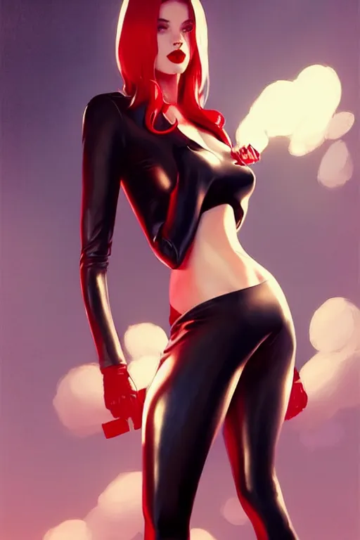 Image similar to dreamy girl character with perfect body in a nice black leather suit and red lips, very artistic pose, perfect lighting. professional design. great composition, illustration, highly detailed, digital painting, concept art, trending on artstation, by greg rutkowski, by james jean