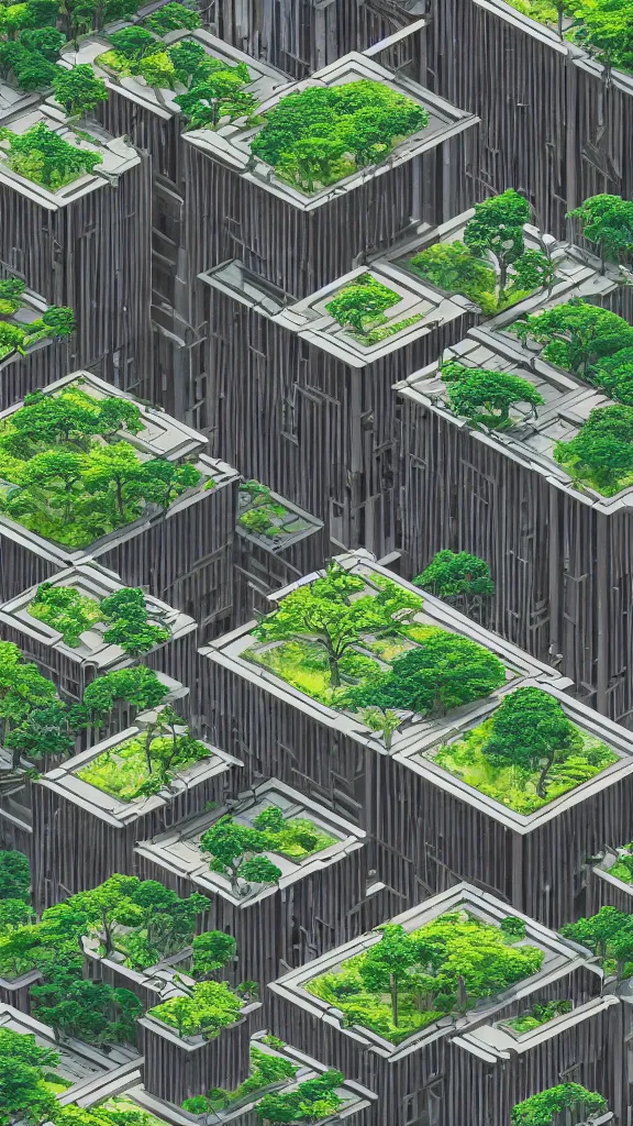 Prompt: isometric in style of hiroshige and piranesi. biopunk timber futuristic building in a urban setting. ultrarealistic. rainy. mossy buildings have deep tall balconies with plants, trees, and many people. thin random columns, large windows, deep overhangs. greeble. 8 k, volumetric lighting.