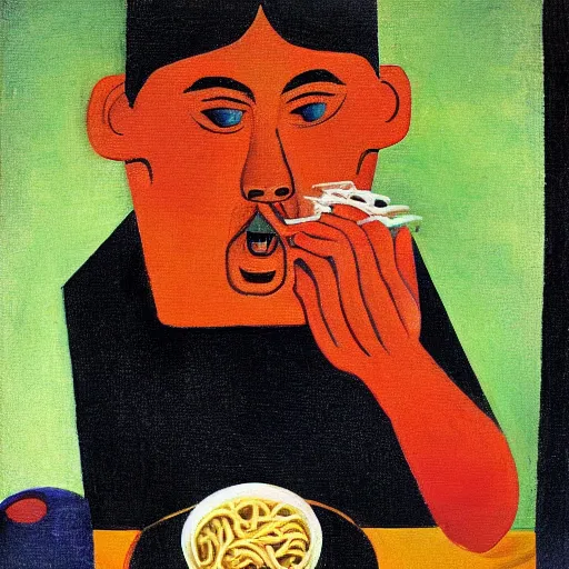 Image similar to surrealist painting, chinese man eating noodles, cubism