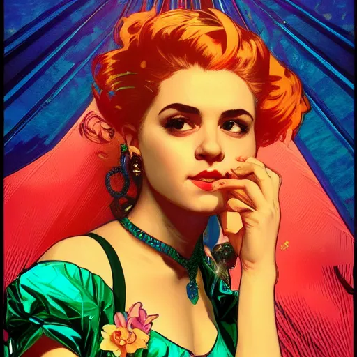 Prompt: portrait of marina diamandis, 8k, rich vivid colors, cinematic lighting, illustration, french noveau, alphonse mucha, artstation