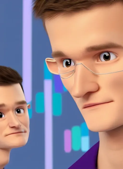 Image similar to vitalik buterin in headphones starring in pixar cartoon. vitalik buterin, medium shot, perfect symmetric face, coherent eyes, pixar stylebeautiful face, fine details., very sharp, 4 k