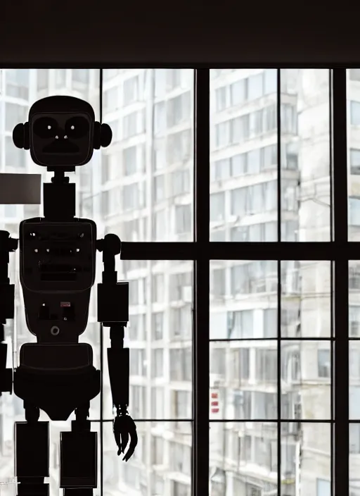 Image similar to Industrial style humanoid robot wearing human clothes, drinking a cup of coffee, standing in front of his apartment window looking outside, global illumination, radiant light, detailed and intricate environment