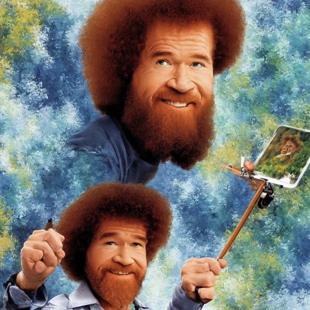 Prompt: bob ross painting of last selfie on earth