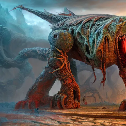 Image similar to dukhara scavenger, colossal dreadmaw, driven, highly detailed, digital painting, HDRI, by Randy Vargas and wayne barlowe, vivid colors, high contrast, 8k resolution, intricate, photorealistic, smooth