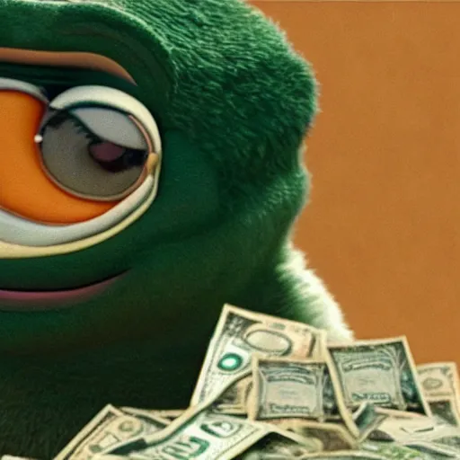 Image similar to pepe eating money, realistic, frame from the movie