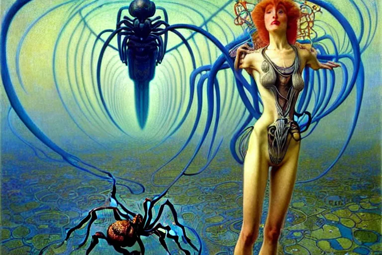 Prompt: realistic extremely detailed portrait painting of a fully dressed woman with a giant spider, futuristic sci-fi landscape on background by Jean Delville, Amano, Yves Tanguy, Alphonse Mucha, Ernst Haeckel, Edward Robert Hughes, Roger Dean, rich moody colours, blue eyes