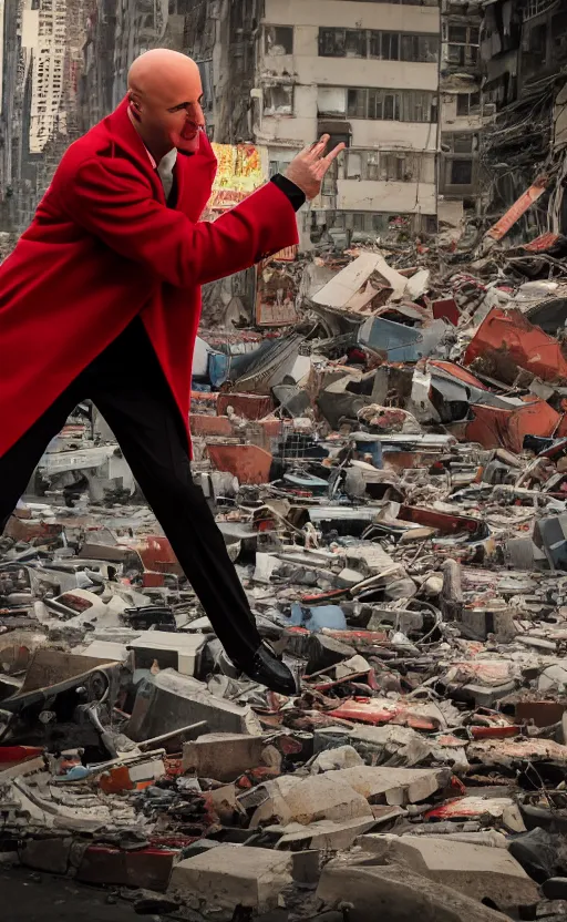 Prompt: cinematic scene of a bald comedian in red coat performing comedy show on top of dead bodies in streets of an apocalyptic metropolis destroyed after war, dramatic lighting, insane details