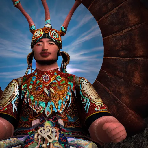 Image similar to turkic god of sky, tengri, cinematic lighting, render quality 8 k, detailed