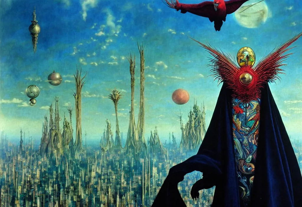 Image similar to realistic detailed portrait movie shot of a creaming birdman wearing black robes, sci fi city landscape background by denis villeneuve, amano, yves tanguy, alphonse mucha, ernst haeckel, max ernst, roger dean, masterpiece, rich moody colours, blue eyes