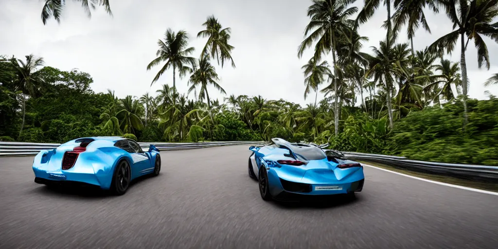 Prompt: a photograph of a supercar running in a tropical island