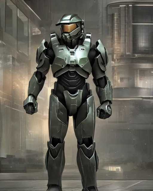 Image similar to off angle beautiful full body shot film still of master chief at night in science fiction city hard surface modeling unreal redshift