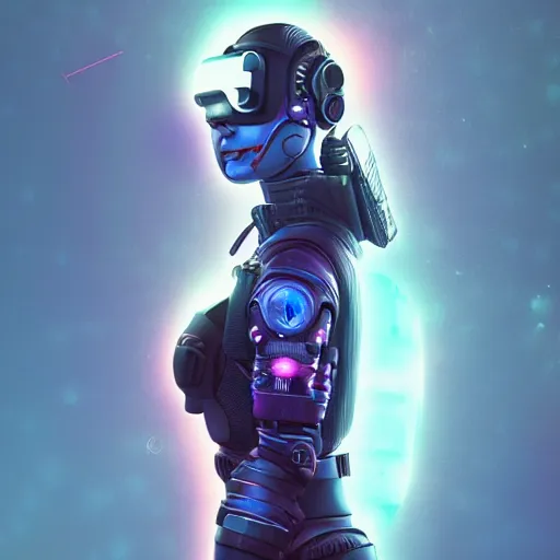 Image similar to cyberpunk concept cool warrior girl bot, cinema 4 d, galaxy, ufo, space sci - fi, wearing vr goggles, illustration, portrait, pastel neon textured background night, trending on artstation, greg rutkowski, octane rendered, 1 2 k, detailed,