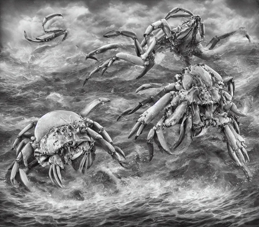 Prompt: an obese grey woman ten feet tall with giant crab claws emerging from the sea, david curtis, rick berry, alex horley, character art arstation, polariod photo